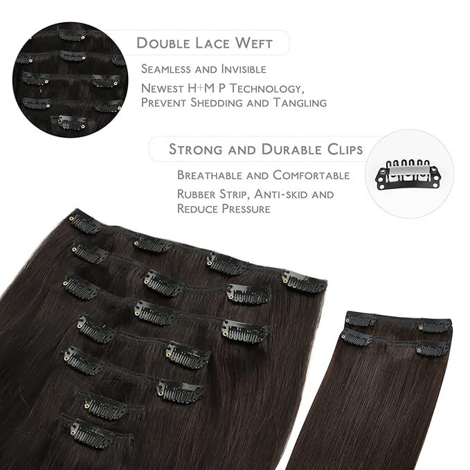WENNALIFE Clip in Hair Extensions, 150g 20 Inch 9pcs Dark Brown Remy Hair Thicker Double Weft Extensiones De Cabello Humano Con Clip Ins Straight Full Volume