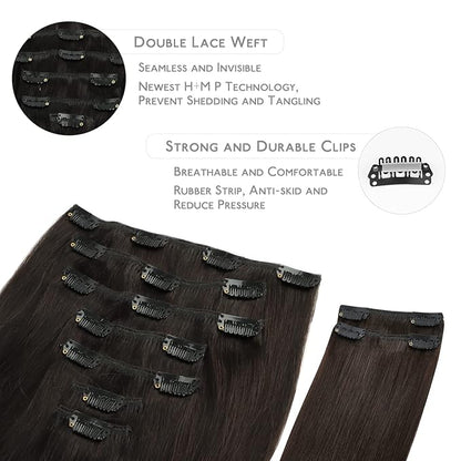 WENNALIFE Clip in Hair Extensions, 150g 20 Inch 9pcs Dark Brown Remy Hair Thicker Double Weft Extensiones De Cabello Humano Con Clip Ins Straight Full Volume
