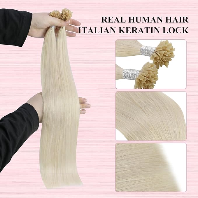 YoungSee U Tips Hair Extensions Real Human Hair Blonde U Tip Real Hair Extensions Platinum Blonde Hot Fusion Hair Extensions Human Hair Blonde K Tip Hair Extensions Human Hair for Women 16In 1G/S 50G