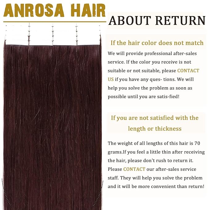 Anrosa 14 inch Tape in Hair Extensions Double Side Seamless Skin Weft Red Wine Color Fashion Color Straight Hair Straight Silky Hair 20/pcs 50g
