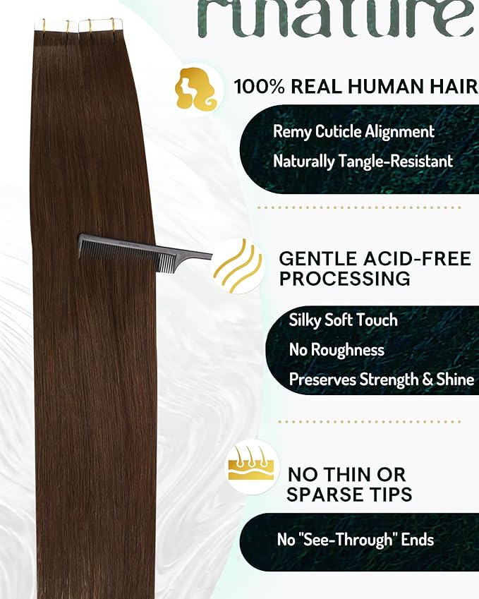 RUNATURE Tape in Human Hair Extensions 12 Inch Short Tape in Hair Extensions Real Human Hair Brazilian #4 Chocolate Brown Glue in Human Hair Extensions Silky Real Hair Tape in Extensions 30g 20pcs