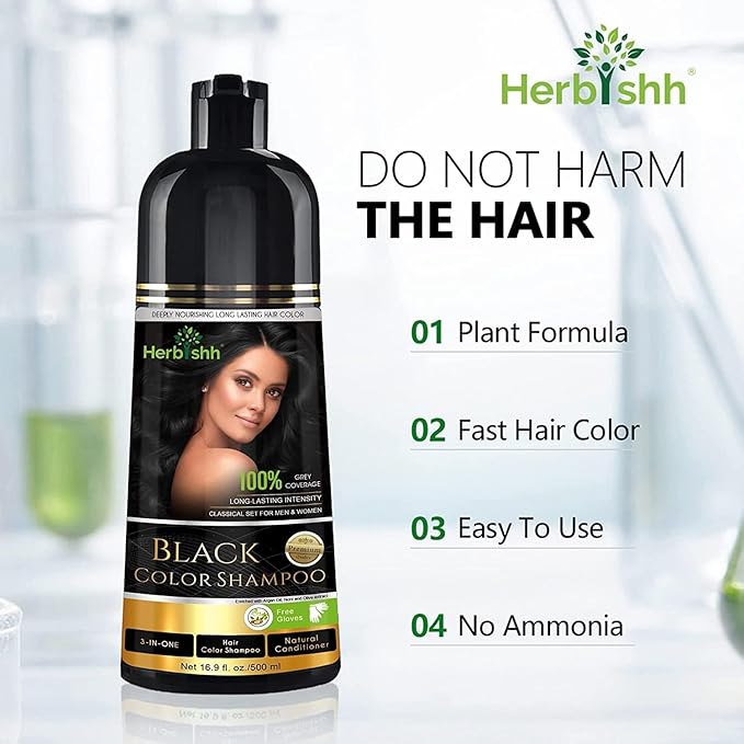 Combo Pack - 2pcs Herbishh Hair Color Shampoo + 1pc Argan Intense Hair Mask - Long-lasting Gray Hair Dye - 500ml - Stimulates Dry, Frizzy Hair (Black)