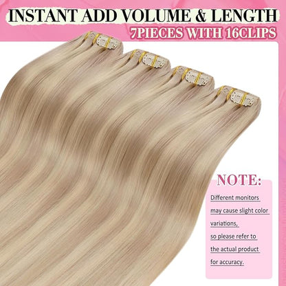 YoungSee Blonde Clip in Hair Extensions 20 inch Blonde Hair Extensions Clip in Highlights #18/613 Blonde Clip in Hair Extensions Human Hair Soft 100G 7Pcs