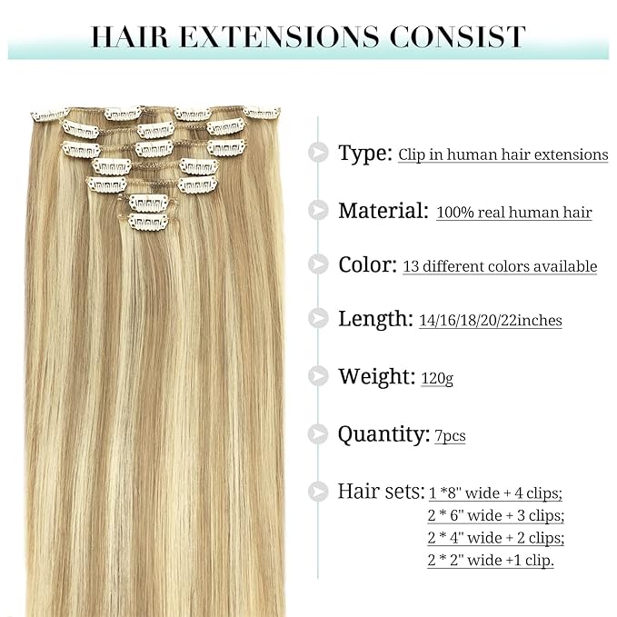 DOORES Clip in Human Hair Extensions - Balayage Dark Blonde Highlighted Bleach Blonde 120g 7pcs 22 Inch Real Human Hair Natural Thick Silky