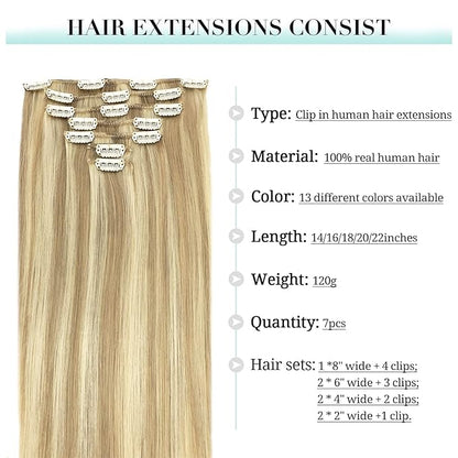 DOORES Clip in Human Hair Extensions - Balayage Dark Blonde Highlighted Bleach Blonde 120g 7pcs 22 Inch Real Human Hair Natural Thick Silky