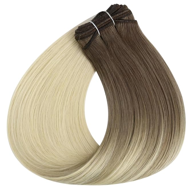 Full Shine Human Hair Weft Extensions Sew In Hair Extensions Real Human Hair Remy Weft Extensions Soft Hair For Women 14 Inch Balayage Brown To Platinum Blonde Hair Bundles 100G