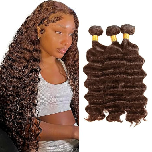 Color 4 Deep Wave Bundle Human Hair Brown Bundles Niegmeag Peruvian Virgin Remy Hair 3 Bundles 12 14 16 Inch Double Weft Chocolate Brown Bundle
