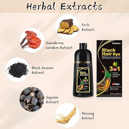 Black Hair Dye Shampoo for Gray Hair, Semi-Permanent Hair Color Shampoo for Women and Men, Herbal Ingredients, 3 in 1 100% Grey Coverage.Lasts 30 Days/500ml/Natural herbal Ingredients