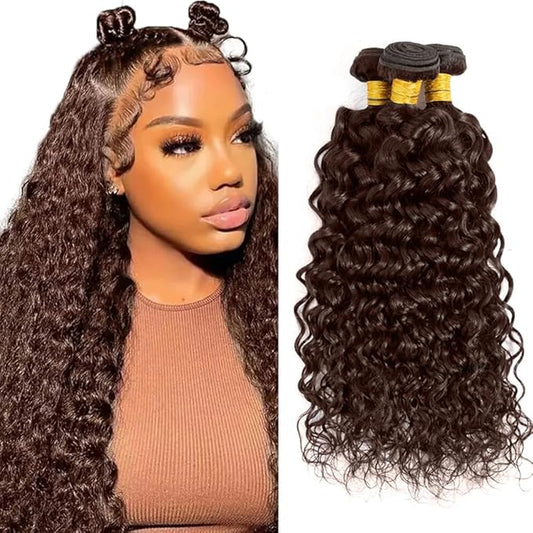 #4 Brown Bundles Human Hair Water Wave Bundles 30 30 30 Inch Human Hair Weave 3 Bundle Unprocessed Brazilian Virgin Hair Chocolate Brown Deep Curly Human Hair Extensions 50 Grams/Bundle