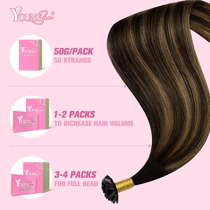 YoungSee Ktip Hair Extensions Human Hair Balayage Brown K Tip Extensions Human Hair Dark Brown with Medium Brown Ombre Ktips Human Hair Extensions 16Inch Hair Extensions for Women 50G/S