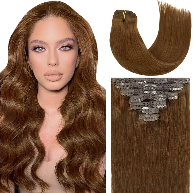 Caliee Clip in Hair Extensions Human Hair 20 Inch Chocolate Brown Hair Extensions Clip in Double Lace Weft 7 Pcs 140 G Silky Straight Hair for Full Head
