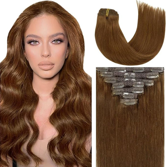 Caliee Clip in Hair Extensions Human Hair 20 Inch Chocolate Brown Hair Extensions Clip in Double Lace Weft 7 Pcs 140 G Silky Straight Hair for Full Head