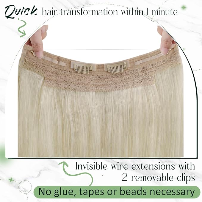 RUNATURE Wire Hair Extensions Blonde Human Hair Extensions with Transparent Fish Line, Real Human Hair, Clip in One Piece Extensions 18 Inch 80g #60 Platinum Blonde