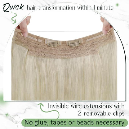 RUNATURE Wire Hair Extensions Blonde Human Hair Extensions with Transparent Fish Line, Real Human Hair, Clip in One Piece Extensions 18 Inch 80g #60 Platinum Blonde