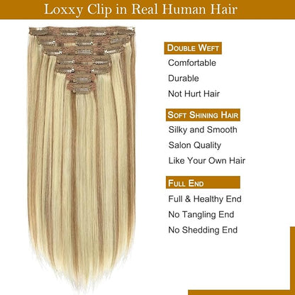 Loxxy 20 Inch Seamless Clip in Hair Extensions Light Brown Highlighted Platinum Blonde Straight Lace Double Weft 100% Remy Hair Extension Clip On Brazilian Human Hair for Women 7pcs 140g Full Head