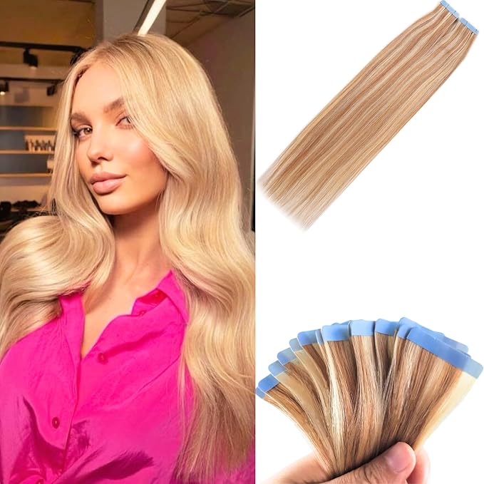 Blonde Tape in Hair Extensions Human Hair Invisible for Women Silky Straight Long Remy Human Hair Extensions Tape in 20 Inch 20PCS 50G