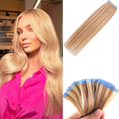 Blonde Tape in Hair Extensions Human Hair Invisible for Women Silky Straight Long Remy Human Hair Extensions Tape in 20 Inch 20PCS 50G