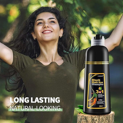 500ML Permanent Black Hair Color Dye Shampoo - Organic Natural Plant Essence for Women & Men, Covers Gray/White Hair, Instant 3-in-1 Hair Colouring Herbal Shampoo, 17 Fl Oz (BLACK)