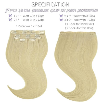 Lacer Hair 7 Pieces Seamless Human Hair Clip in Extensions Comfortable Ultra-Thin PU Skin Weft #60 Bleach Blonde Clip in Hair Extensions for Women Clip In 110g for Any Hair Type 18 Inch Thick Ends