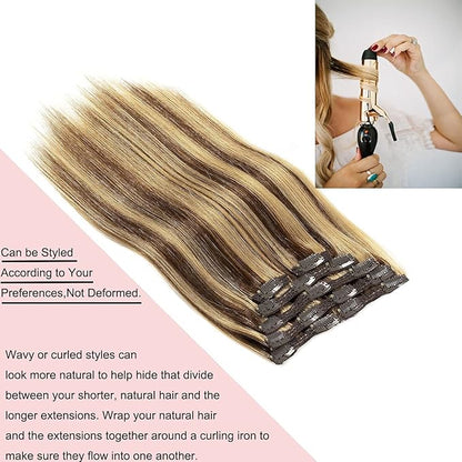 Loxxy Clip In Human Hair Extensions Natural Hair Chocolate Brown Mixed with Light Golden Brown 7Pieces 120g Double Weft Extensions Lace Clip Extensions Natural Hair P#4/12 16 Inch