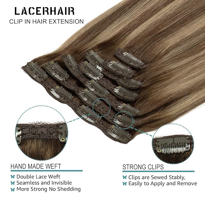 Lacer Clip in Hair Extensions Real Human Hair Highlignt Warm Brown to Dark Caramel Blonde Remy Human Hair Extensions Clip ins for Women 14 Inch 120g 7Pcs Natural Human Hair