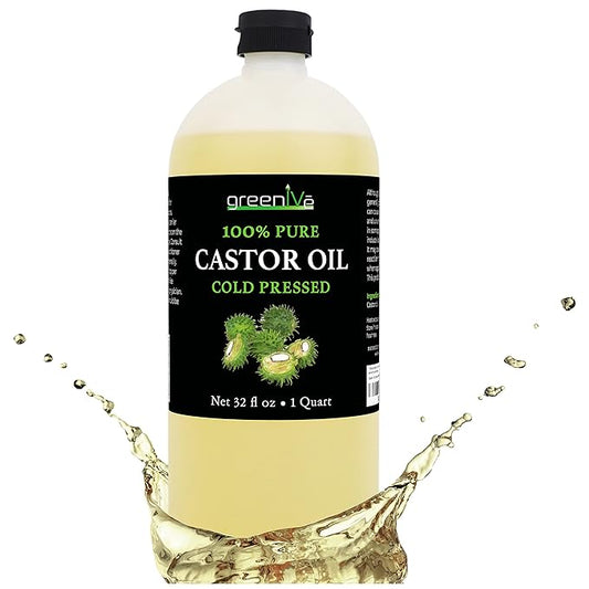 GreenIVe Castor Oil Organically Grown 100% Pure 32oz Bottle Cold Pressed, Hexane Free, Eyelash and Eyebrow Growth Serum, Skin Moisturizer Detox and Wraps