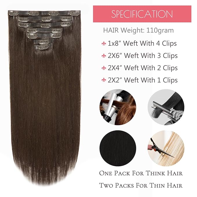 Loxxy Seamless Clip in Hair Extensions 22Inch 110G 7Pcs Light Dark Brown Real Human Hair Clip in Extensions Invisible With PU Clip On Hair Extensions Human Hair For Women Silky Straight #2A