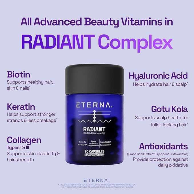ETERNA RADIANT Healthy Hair Growth Supplement - Biotin Collagen Keratin Hyaluronic Acid & Antioxidants - Supports Thicker Fuller Stronger Hair for Women & Men - Advanced 10-in-1 Formula-1 Month Supply