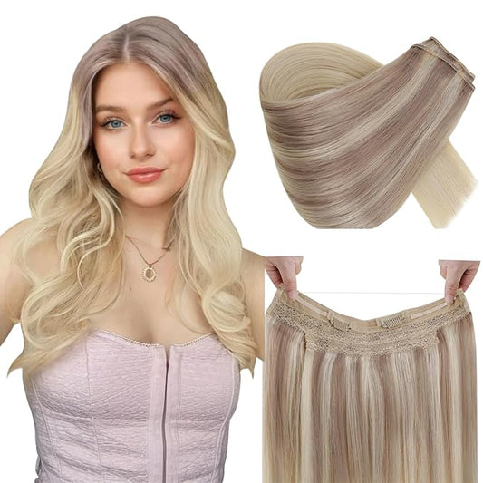 RUNATURE Wire Hair Extensions Real Human Hair, Balayage Invisible Fish Line Extensions, Straight Remy Natural Hair, Add Volume 14 Inch 70g #18/22/60 Ash Blonde to Light Blonde Mix Bleach Blonde