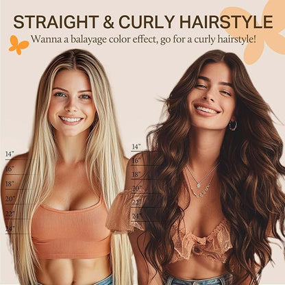 DOORES Clip in Hair Extensions, Light Brown Highlighted Medium Blonde Human Hair Extensions 22 Inch 150g 7pcs, Virgin Hair Extensions Silky Straight Thick Weft