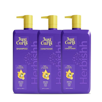 Herbishh Curly Hair Shampoo, Conditioner & Deep Conditioner (3 x 16.91 fl oz) Curly Hair Products Gift Set for Women & Men, Sulfate Free Shampoo, Keratin Coconut Avocado Oil, Frizz Control, Vegan