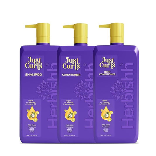 Herbishh Curly Hair Shampoo, Conditioner & Deep Conditioner (3 x 16.91 fl oz) Curly Hair Products Gift Set for Women & Men, Sulfate Free Shampoo, Keratin Coconut Avocado Oil, Frizz Control, Vegan