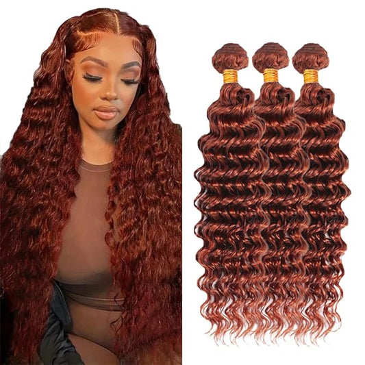 Color 33 Bundles Human Hair Copper Red Deep Wave Bundles 18 18 18 Inch Huxowax Virgin Soft And Silky Remy Hair Extensions Auburn Deep Wave Bundle 300g