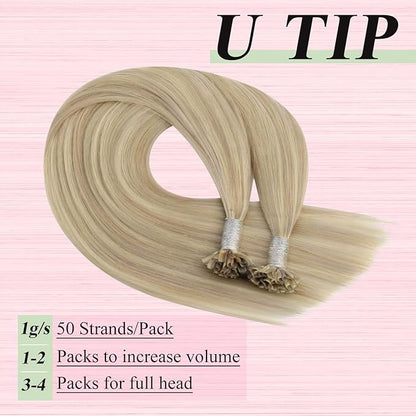YoungSee U Tip Hair Extensions Human Hair Blonde with Bleach Blonde Highlight Keratin Hair Extensions Highlight U Tips Hair Extensions Real Human Hair Blonde K Tip Human Hair Extensions 18In 1G/S 50G