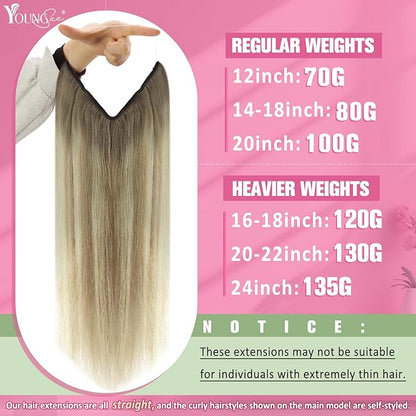 YoungSee Wire Hair Extensions Human Hair Ombre Blonde Wire Hair Extensions for Women Real Human Hair Balayage Ash Blonde Ombre Platinum Blonde Human Hair for Damaged Hair Repair 80G 14Inch