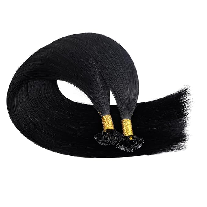 YoungSee Ktip Human Hair Extensions Jet Black 24inch Remy Hair Extensions K Tip Jet Black Keratin Human Hair Extensions Black Soft and Silky K Tip Extensions Long Straight Hair 50s/50g