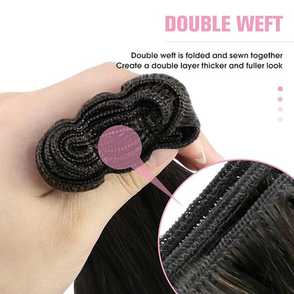 YoungSee 130G Sew in Hair Extensions Human Hair Dark Brown Weft Remy Hair Extensions Darkest Brown Sew in Long Hair Bundle for Normal Occasion 24 Inch