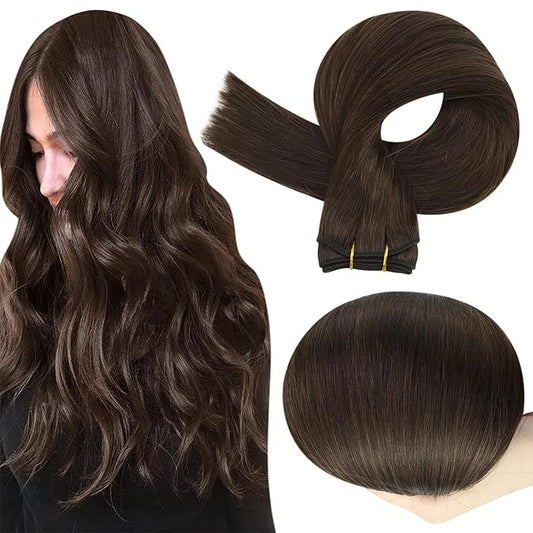 Full Shine Weft Human Hair Brown Sew in Real Hair Extensions #2 Dark Brown Weft Extensions Real Bundles for Women 105g 20 Inch