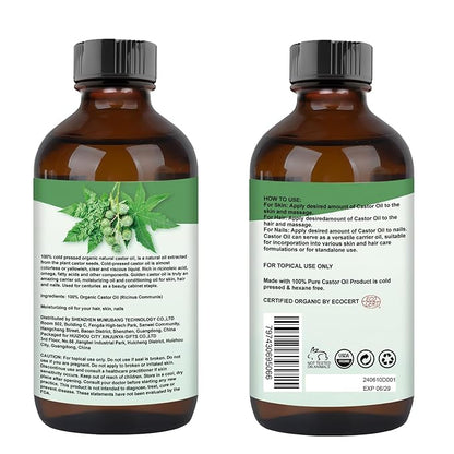 Organic Castor Oil (4.22oz Glass bottle) USDA Certified 100% Pure Natural, Cold Pressed, Hexane Free. Castor Oil for Hair Growth, Thicker Lashes & Fuller Brows