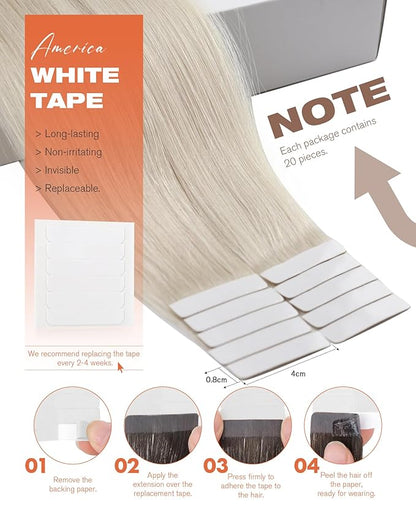 Sunny Hair Tape in Hair Extensions Real Human Hair Invisible Remy Hair Extensions Tape ins for Women White Platinum Blonde 26 inch 20Pcs 50G