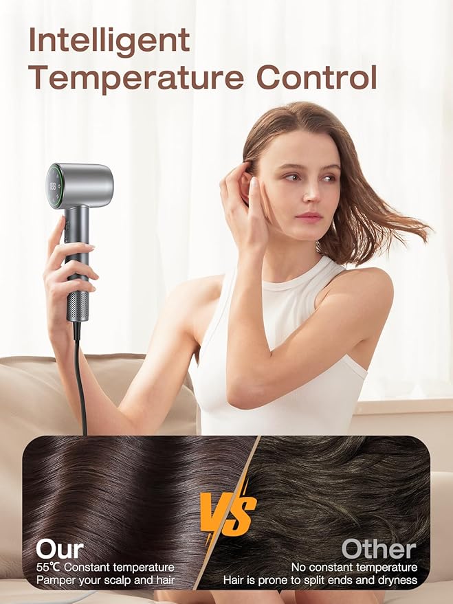Hair Dryer, 160000 RPM High-Speed Ionic Low Noise Blow Dryer with Brushless Motor for Fast Drying, Thermo-Control Quiet Hair-Dryer with Diffuser and Nozzle for Home Travel Salon