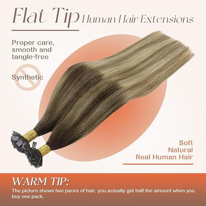 Sunny Hair Flat Tip Hair Extensions Human Hair Balayage Brown Blonde Hair Extensions Keratin Tip 20inch Keratin Fusion Human Hair Extensions for Women 50g