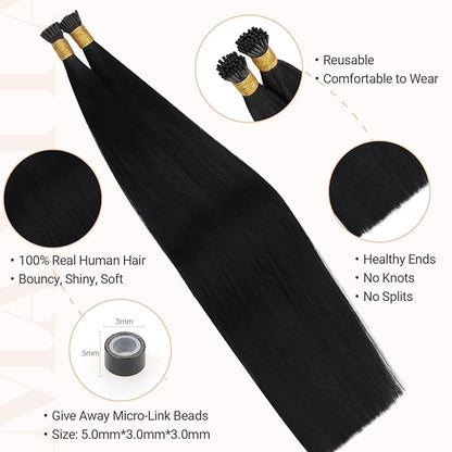 MAXITA I Tip Hair Extensions Human Hair,Jet Black 100g/50s 22 Inch, Comfortable Wear, 100% Remy Human Hair, Real Human Itip Keratin Hair Extensions