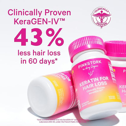 Pink Stork Keratin Hair Loss Supplement for Women - Clinically Studied KeraGEN-IV for Hair Care, Thinning, Shedding and Beauty - Hair Skin and Nails Support - Postpartum Hair Growth - 30 Capsules