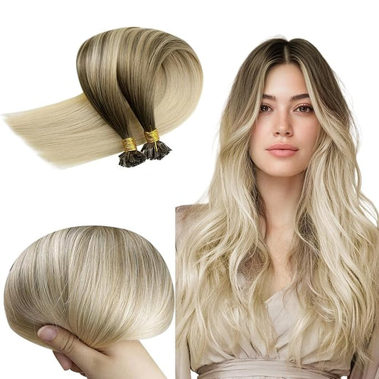 RUNATURE U Tip Hair Extensions Real Human Hair Ombre Ash Brown Fading to Platinum Blonde 12 Inch Short Hot Fusion Hair Extensions Straight Keratin U Tip Human Hair Extensions Silky 40g 50s
