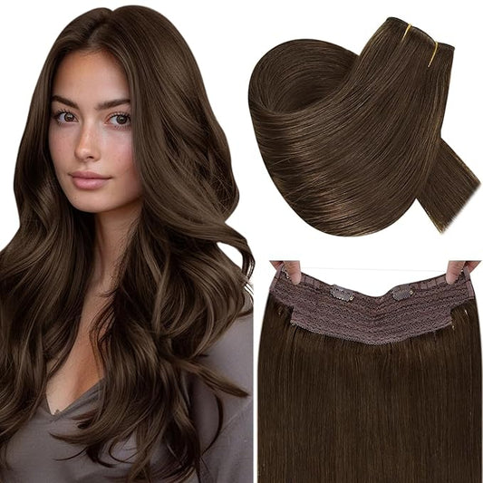 RUNATURE Wire Hair Extensions Real Human Hair, Invisible Fish Line Hair Extensions Remy Straight, Add Volume, Natural Look for Daily Wearing, 18 Inch 80g #4 Chocolate Brown