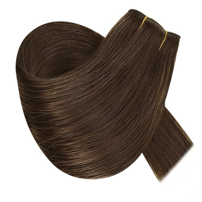 RUNATURE Invisible Wire Hair Extensions Real Human Hair, Straight Brown Hair Extensions with Transparent Fish Line Adjustable Size, Tangle-free, 14 Inch 70g #4 Chocolate Brown