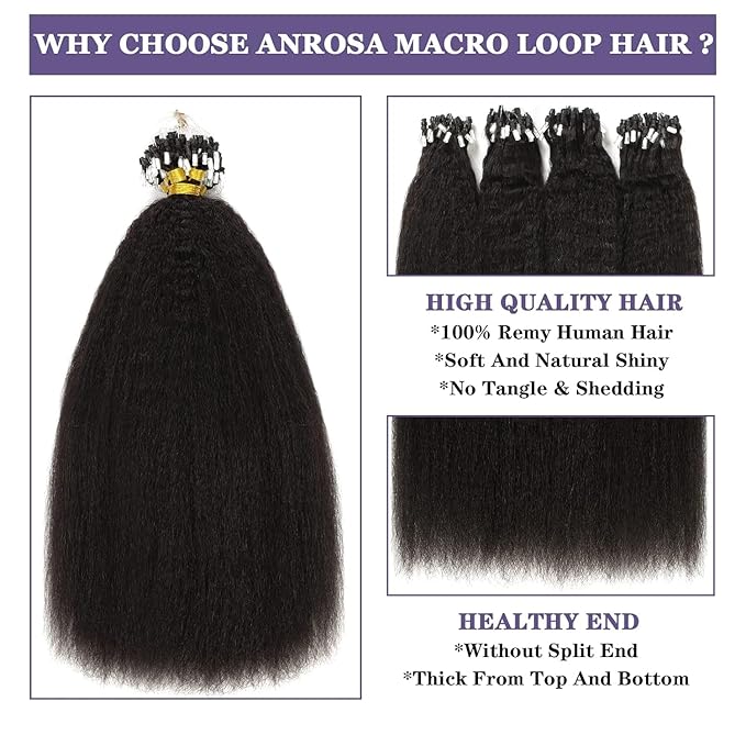 Anrosa Kinky Straight Micro Links Human Hair For Black Women 18 Inch Micro Beads Hair Extensions Human Hair Brazilian Remy Virgin Hair Micro Loop Human Hair Extensions Strands Natural Black Color