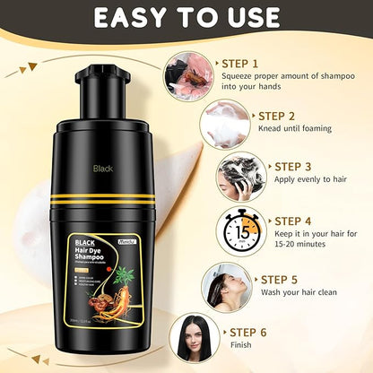 Black Hair dye Shampoo 3 in 1, Natural Hair Color Shampoo for Gray Hair, Tinte Para el Cabello for Women and Men 100% Grey Coverage, 350ml