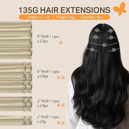 DOORES Hair Extensions Clip in Human Hair, Ash Blonde Highlighted Platinum Blonde 135g 7pcs 16 Inch, Thick Clip in Extensions Remy Natural Straight Weft for Girl